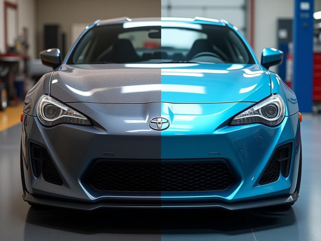 Image comparative avant/après detailing d'une voiture sale et propre
